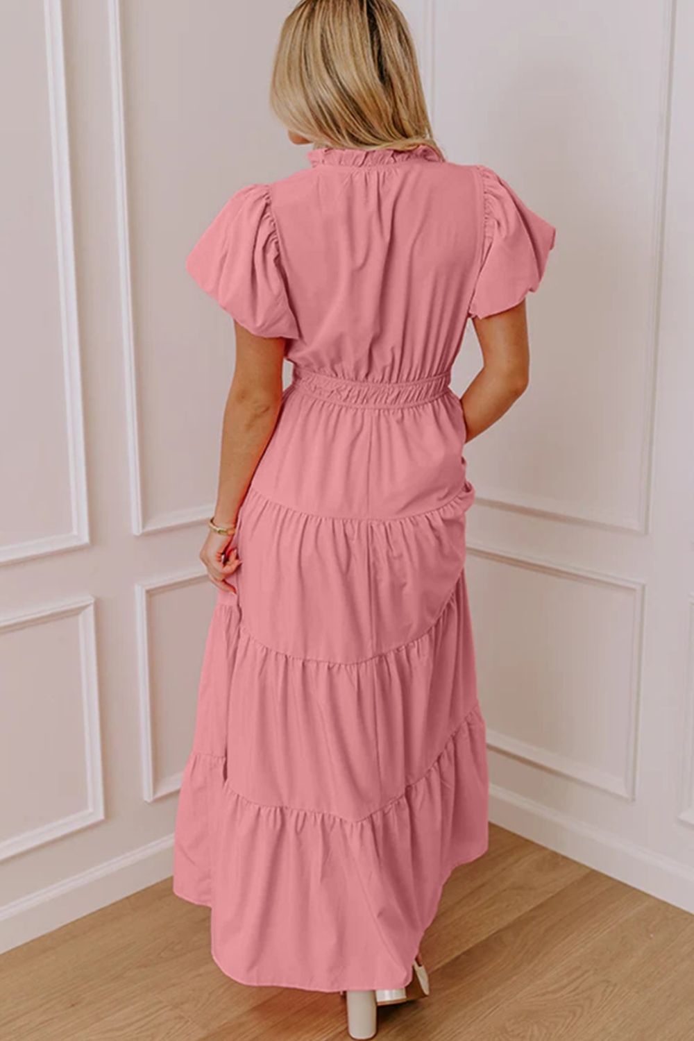 Ruffled Tiered Puff-Sleeve Maxi Dress