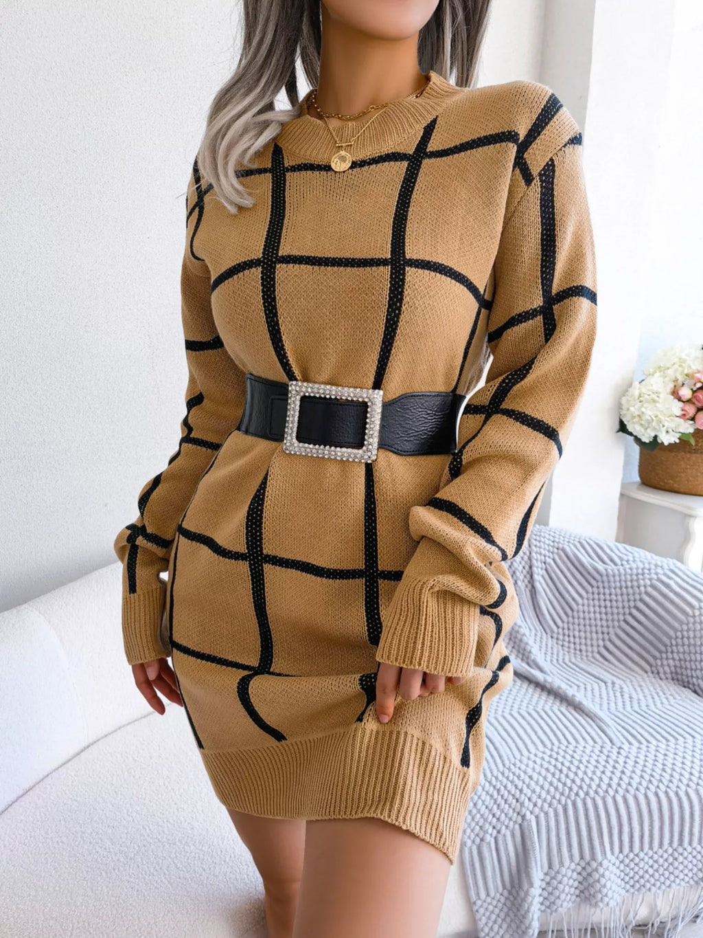 Windowpane Plaid Round-Neck Sweater Mini Dress