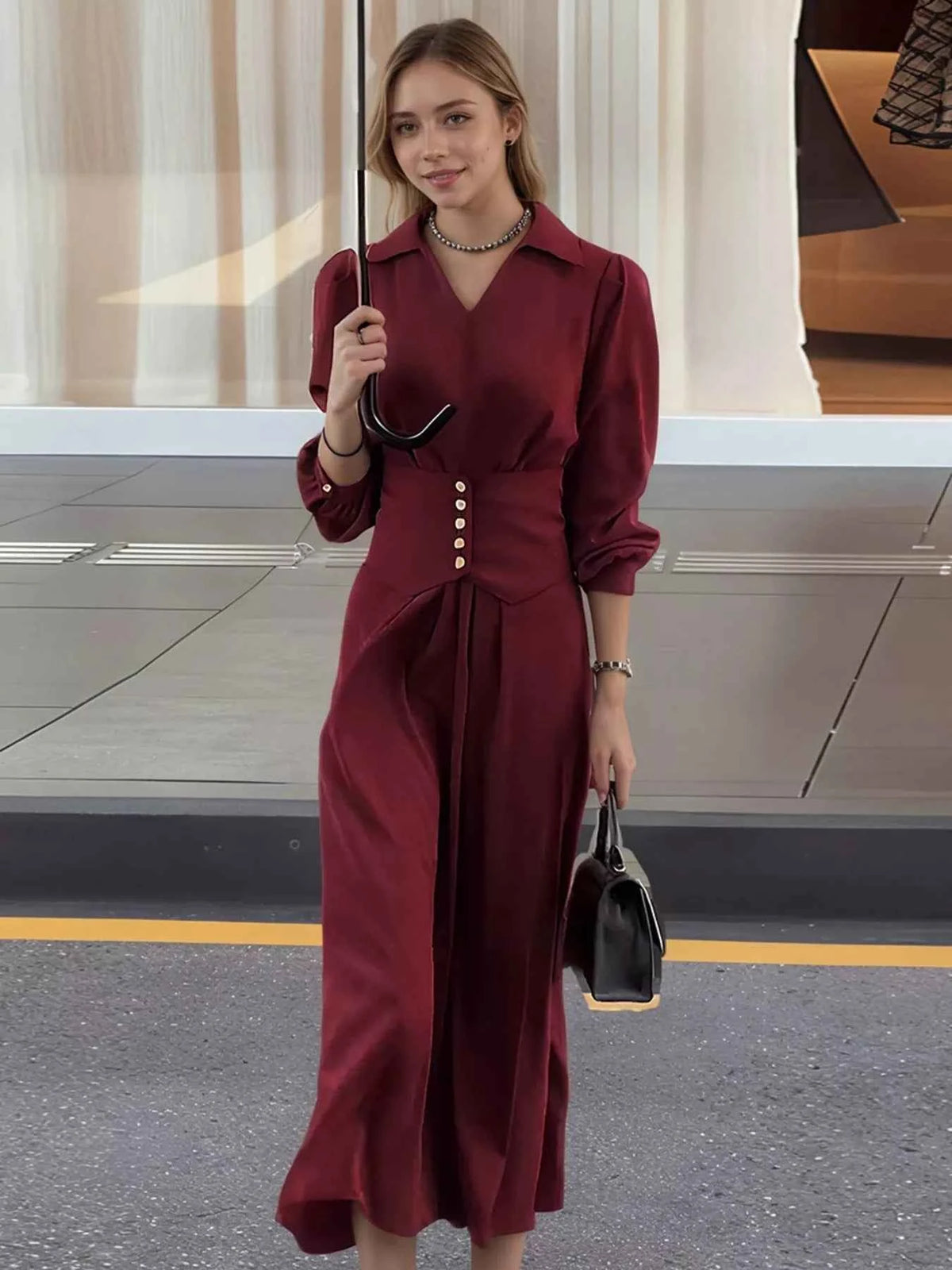 Burgundy Johnny-Collar Long-Sleeve Dress
