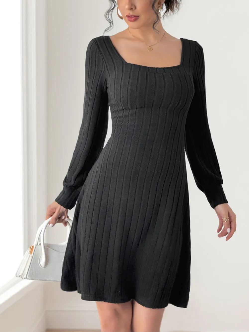 Perfee Butterfly-Back Square-Neck Long-Sleeve Dress