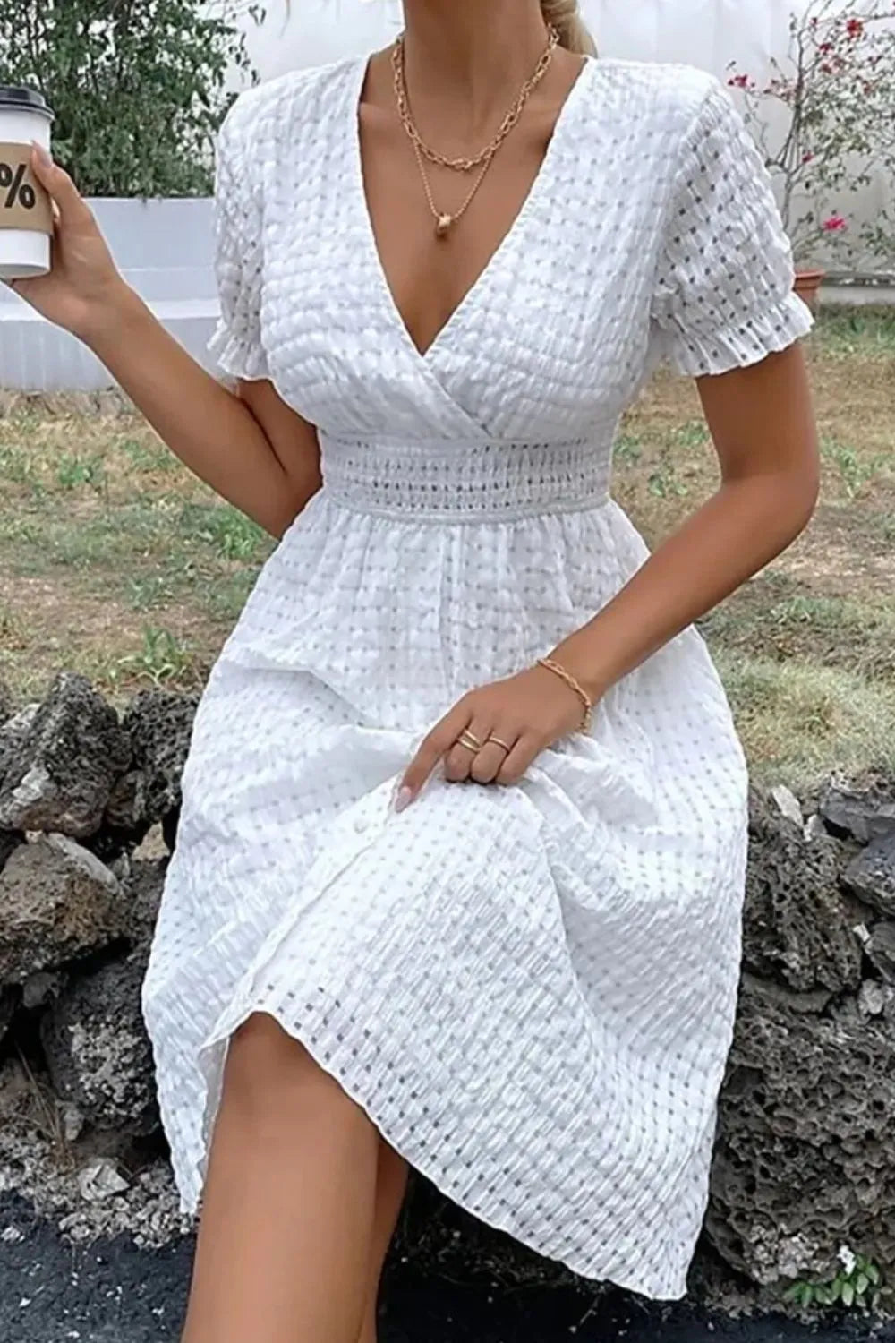 Textured Surplice Short-Sleeve Dress