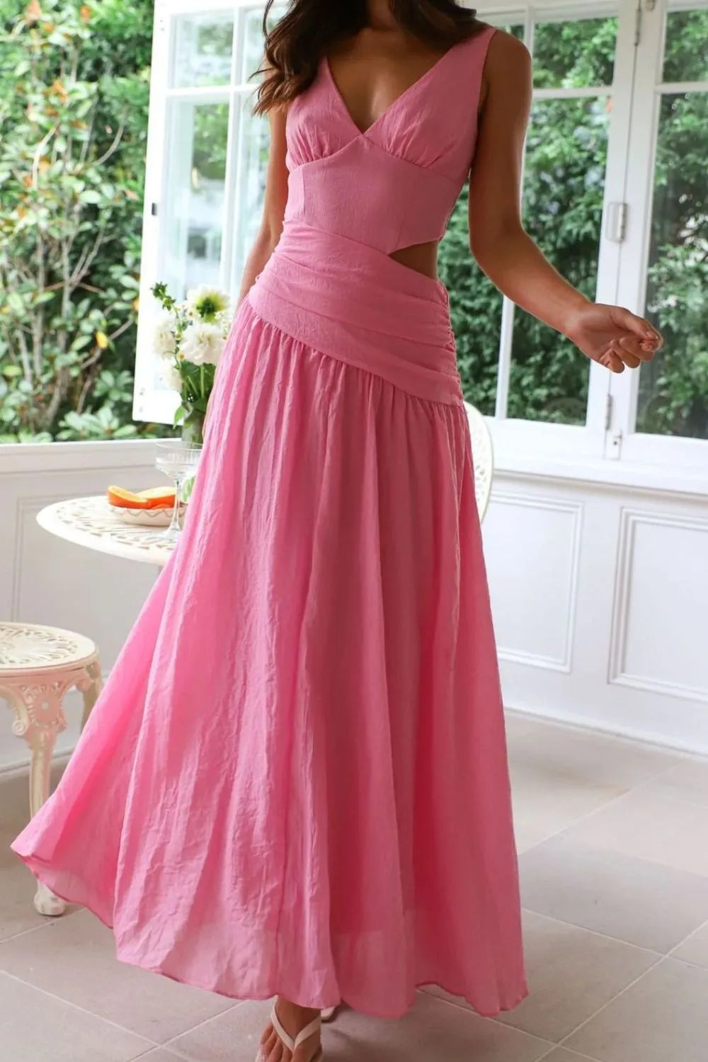 V-Neck Side-Cutout Ruched Maxi Dress