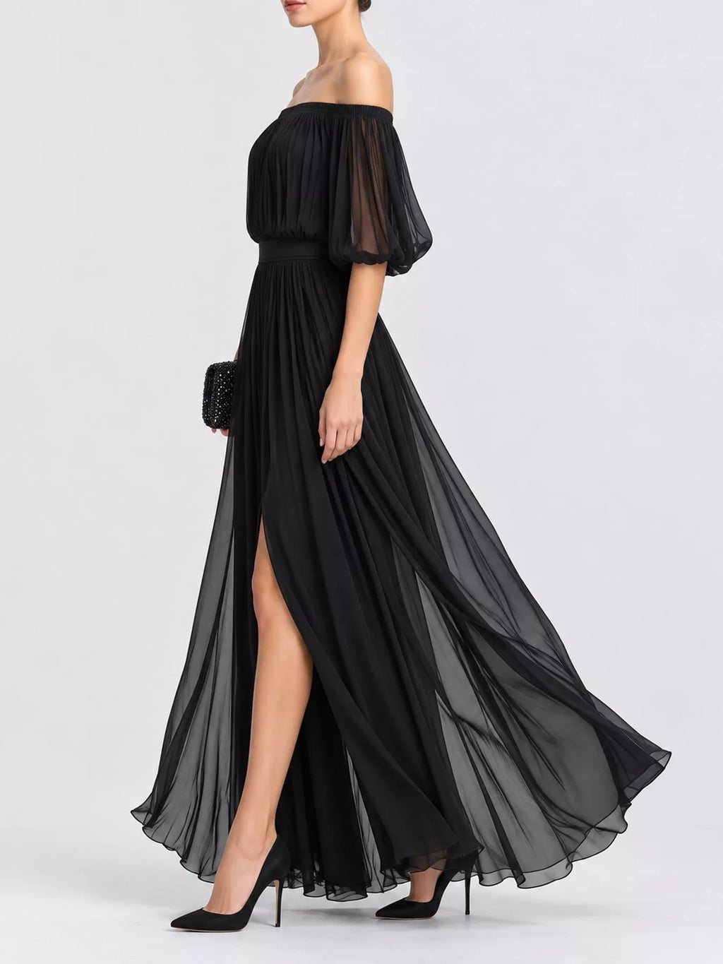 Off-Shoulder Ruched Chiffon Maxi Dress