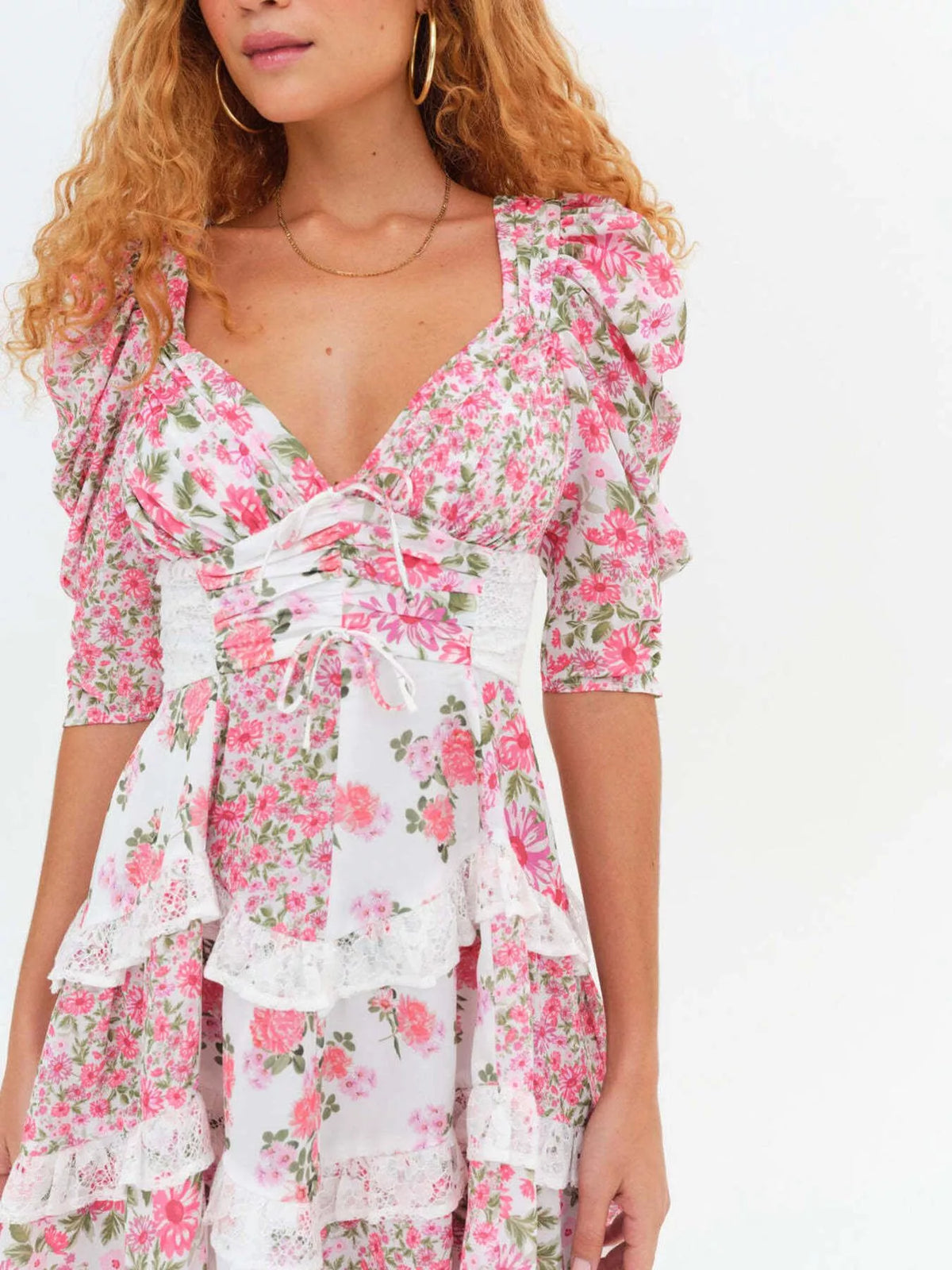 Ruffled Floral-Print Half-Sleeve Dress