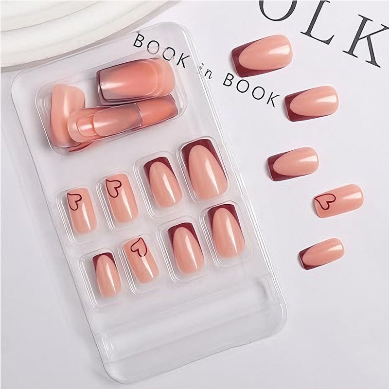 24 PCS Press On Nails – Wine Red Heart French Tip, Medium Square, Gel Acrylic — Prime Trend Market
