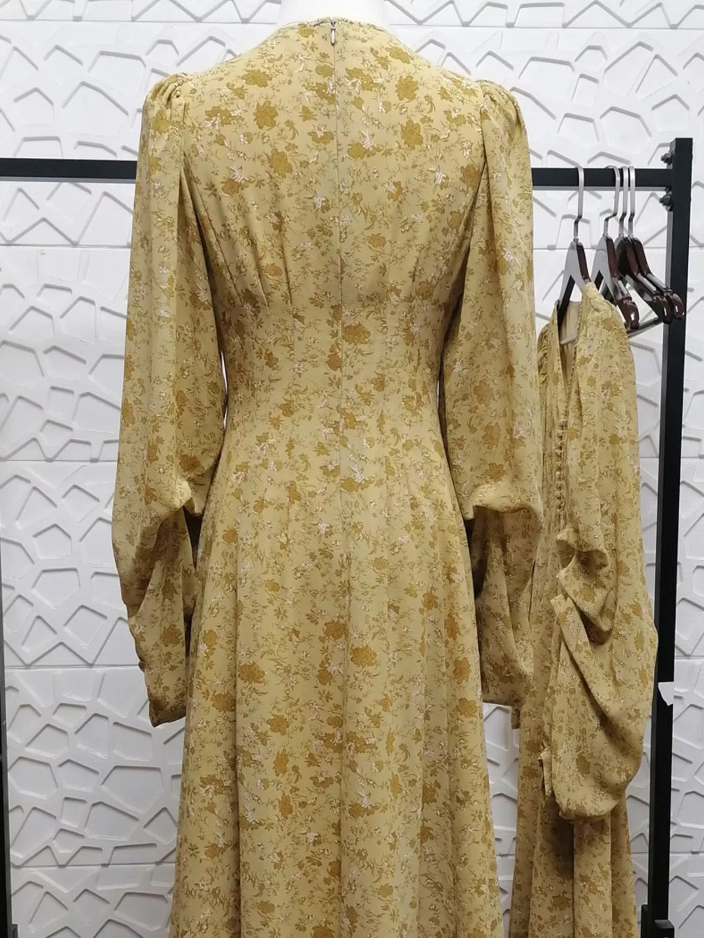 Yellow Floral V-Neck Long-Sleeve Midi Dress