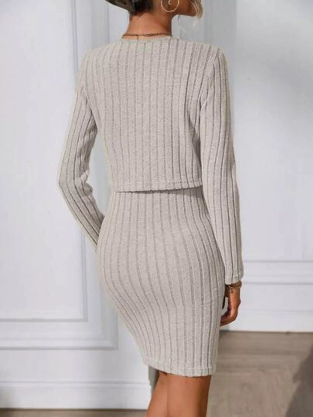 Khaki Ribbed Cami Dress with Cardigan