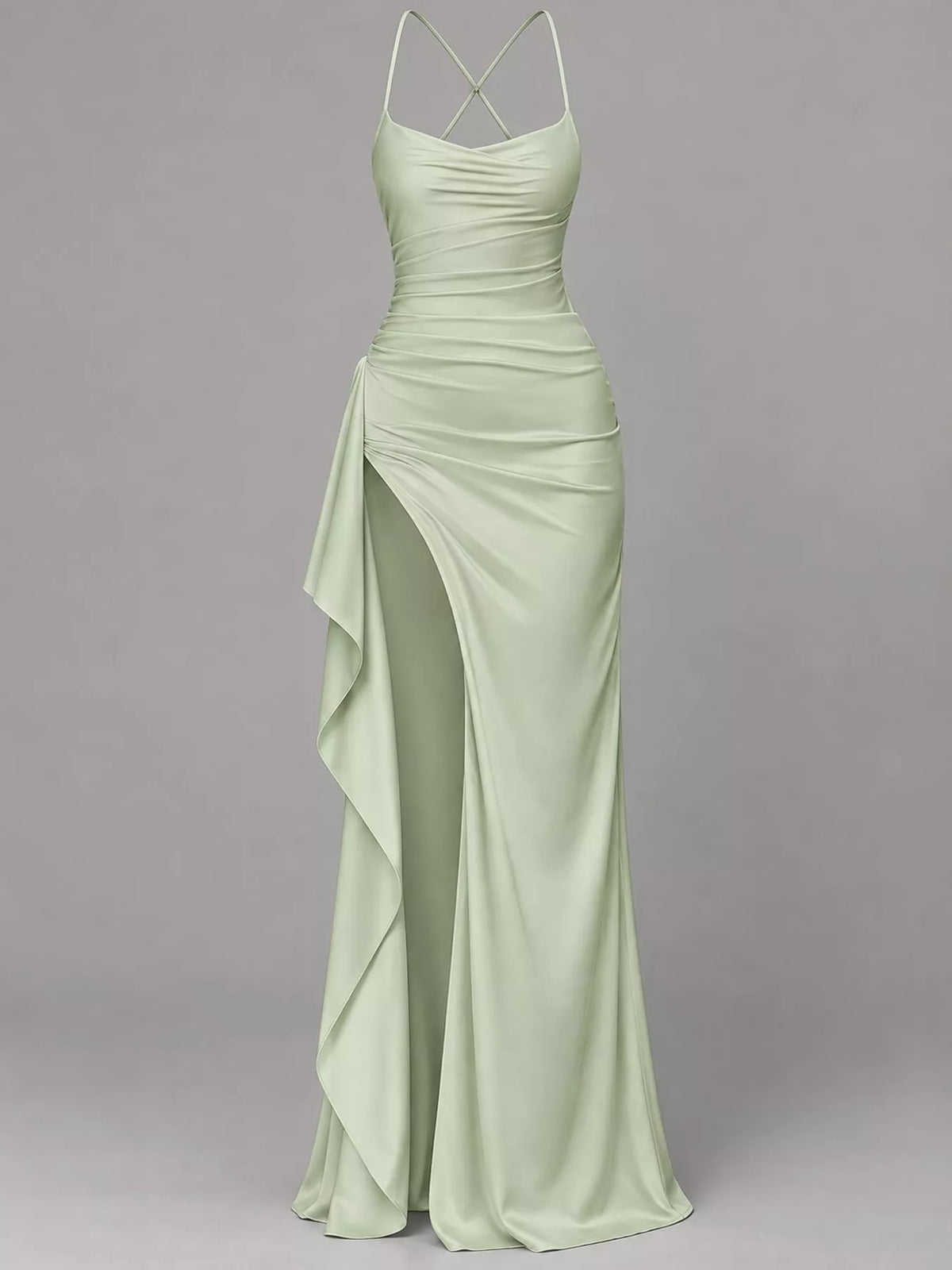 Satin Ruched High-Slit Maxi Dress