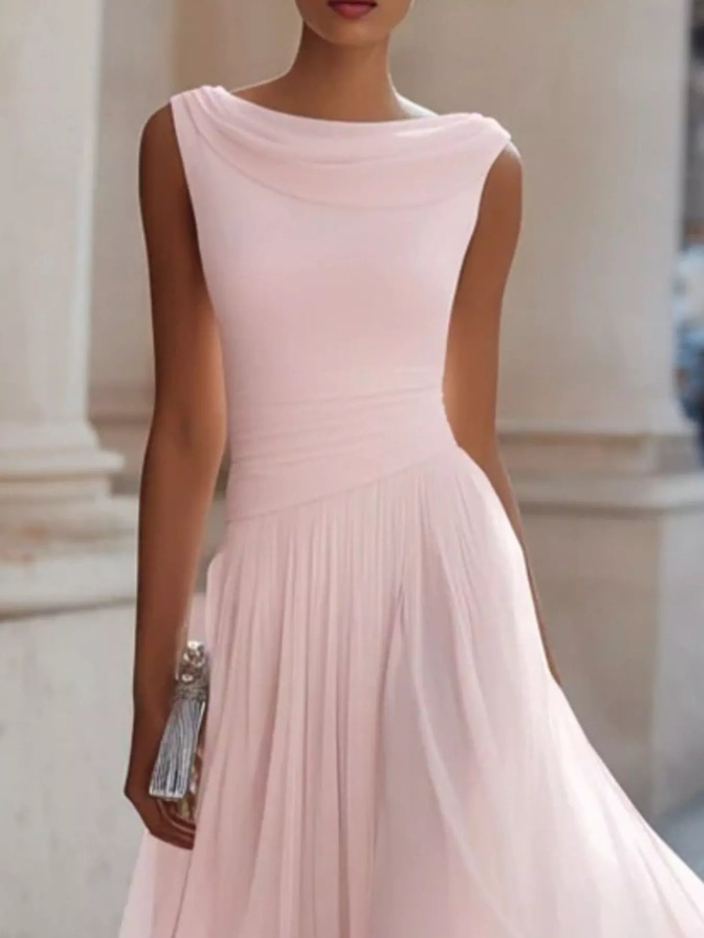 Draped-Neck Sleeveless Flared Midi Dress, S–3XL