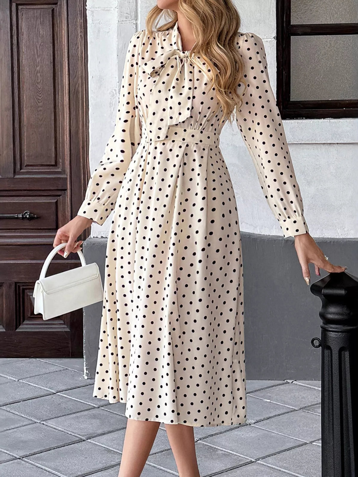 Polka-Dot Tie-Neck Long-Sleeve Midi Dress
