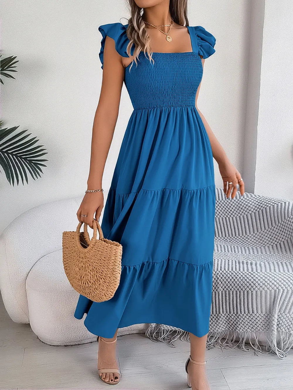 Smocked Square-Neck Cap-Sleeve Midi Dress