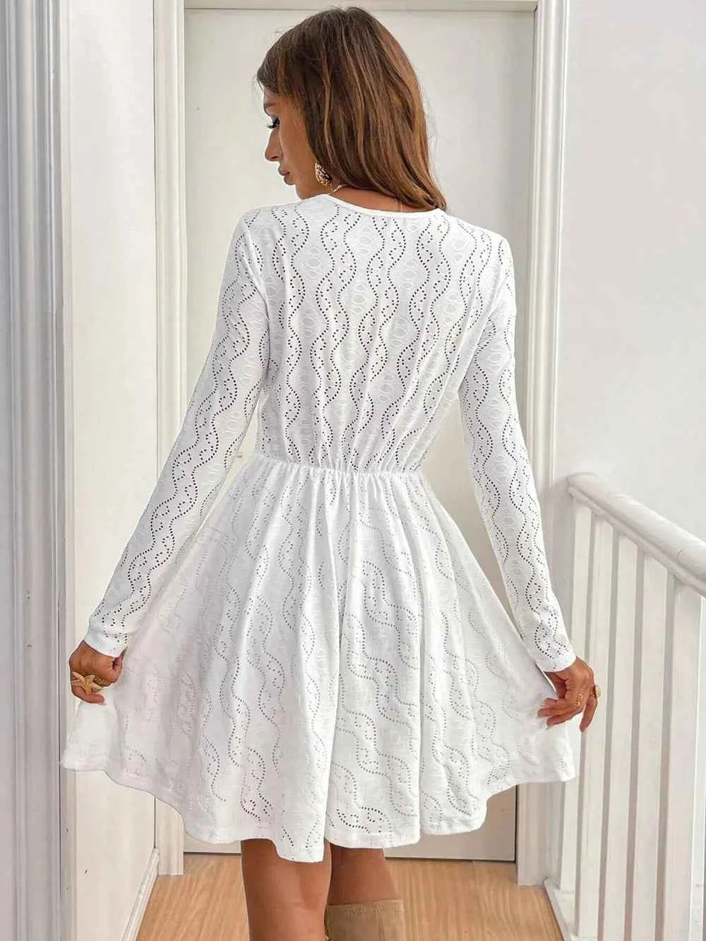 White V-Neck Long-Sleeve Lace-Detail Mini Dress