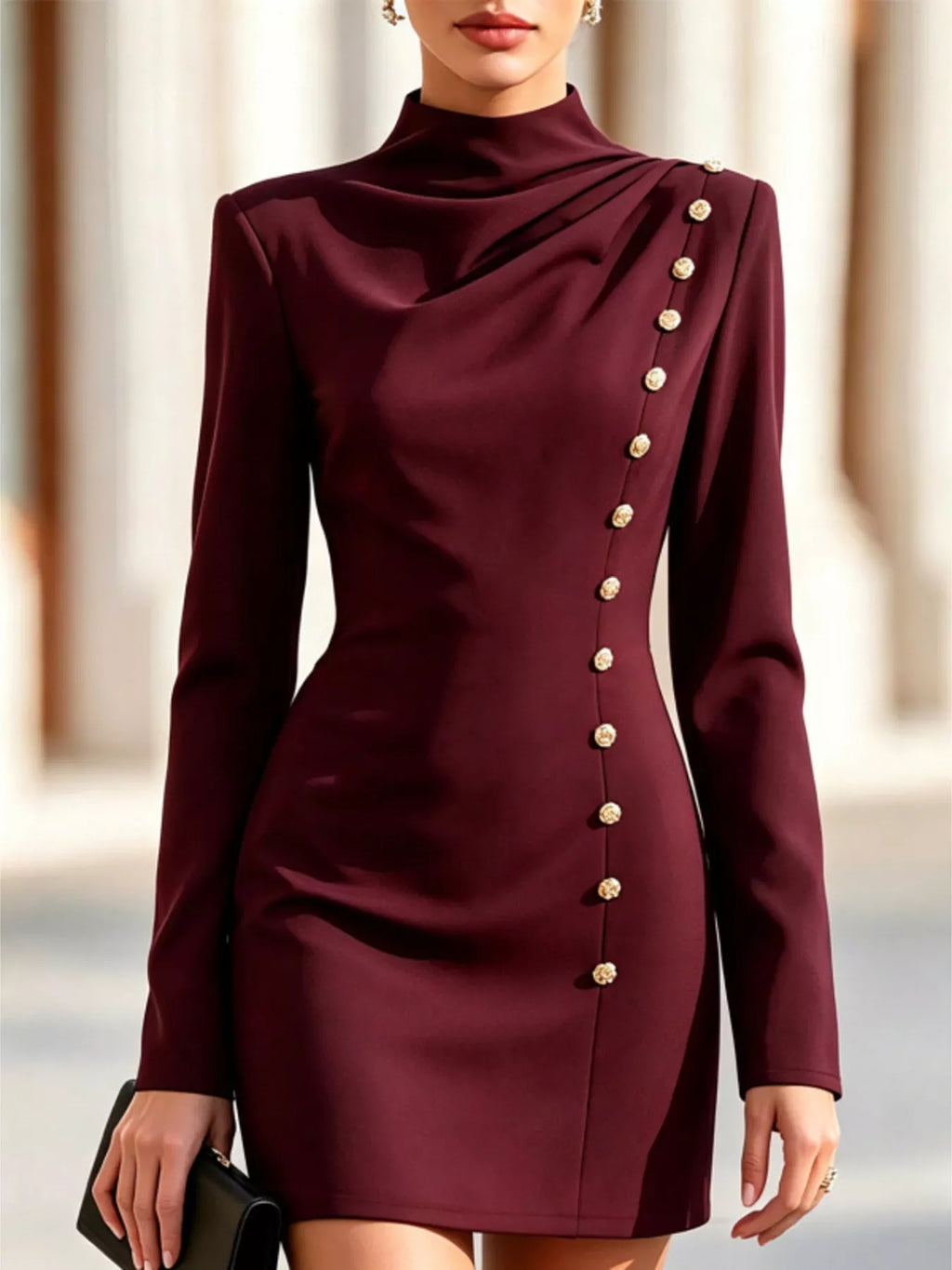 Mock-Neck Long-Sleeve Button-Detail Mini Dress