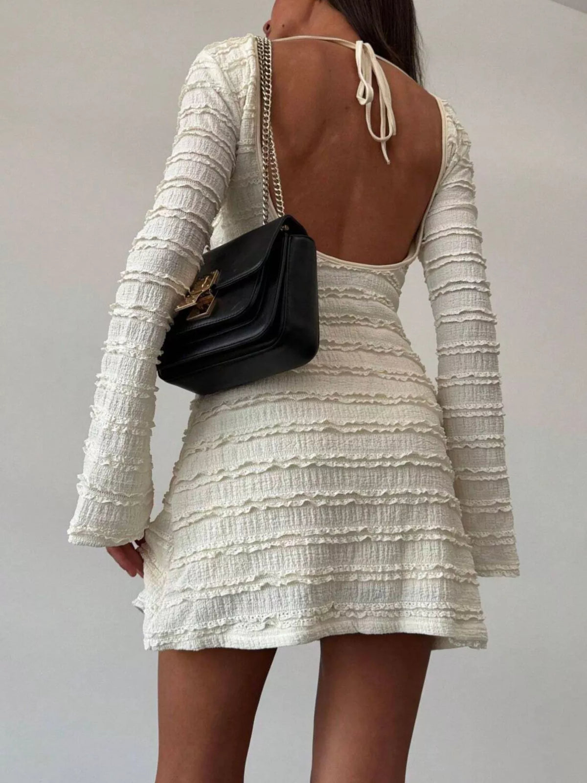 Apricot Textured Open-Back Flare-Sleeve Mini Dress