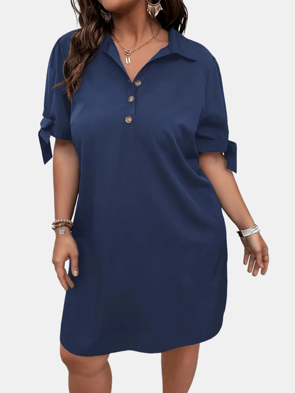 Navy Button-Detail Tie-Sleeve Shift Mini Dress