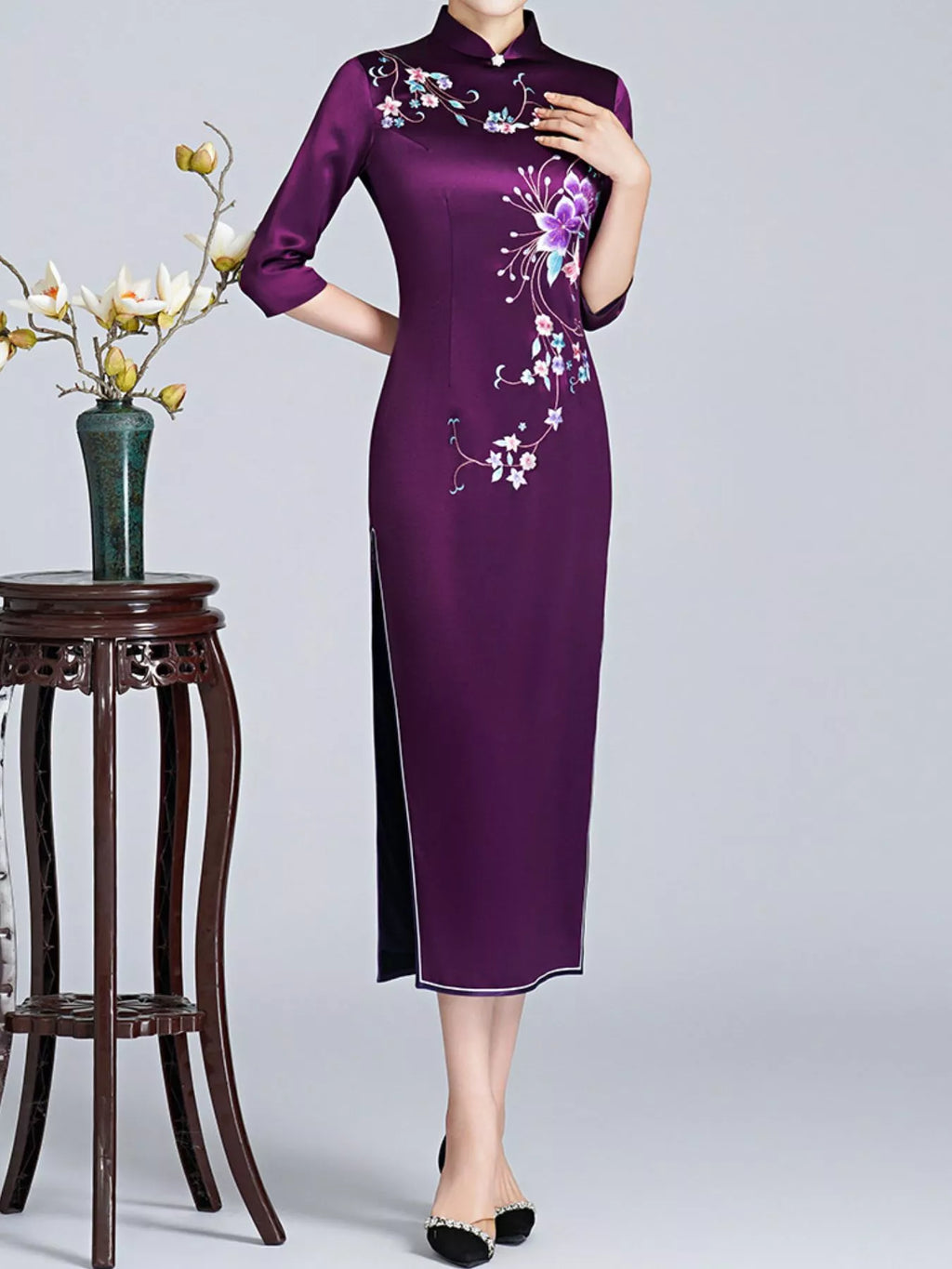 Elea Floral-Embroidered Slim-Fit Cheongsam Dress | M–4XL