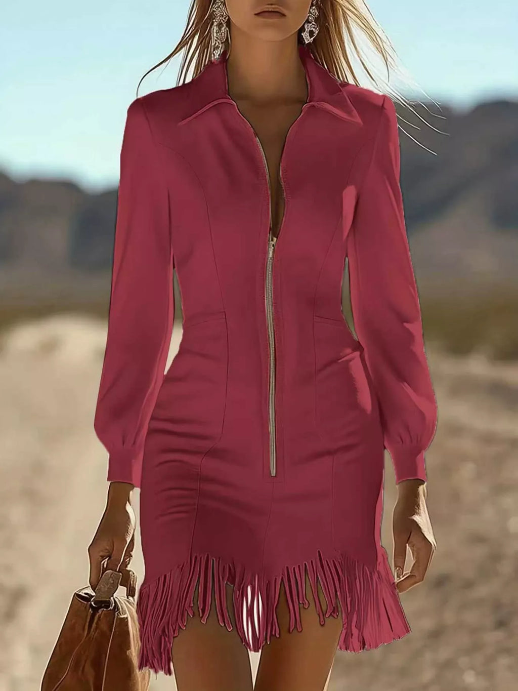 Zip-Front Long-Sleeve Fringe-Hem Mini Dress