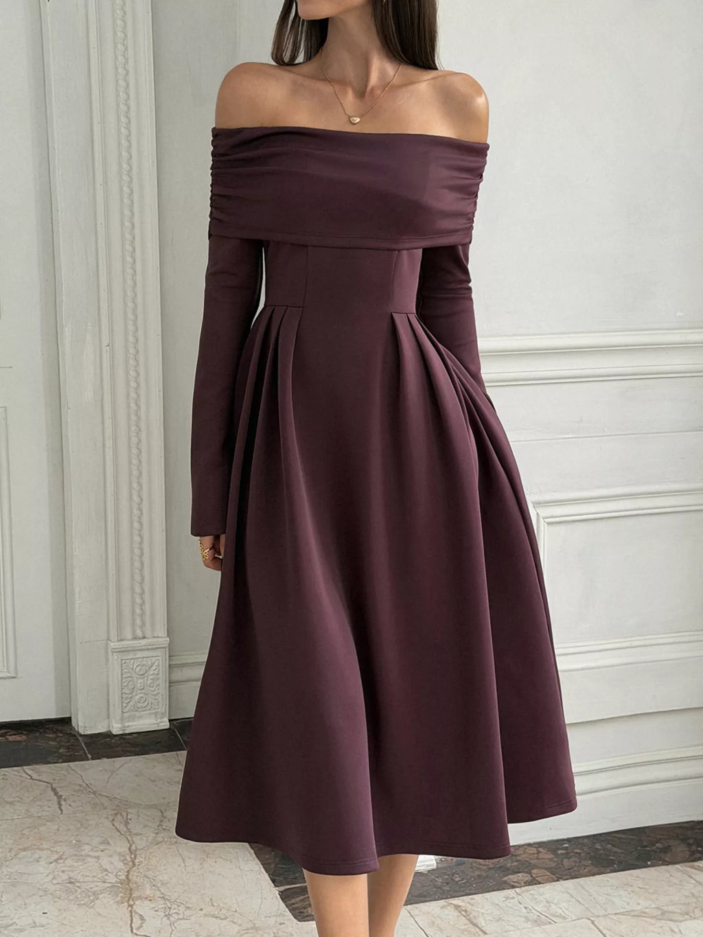 Off-Shoulder Long-Sleeve Midi Dress