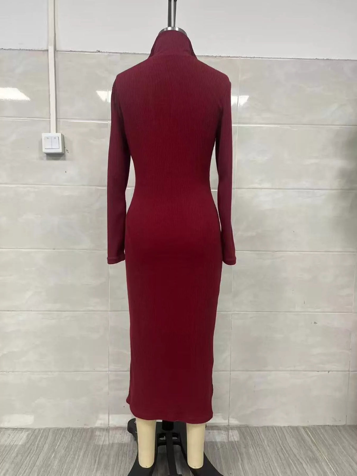 Ribbed V-Neck Long-Sleeve Sweater Midi Dress