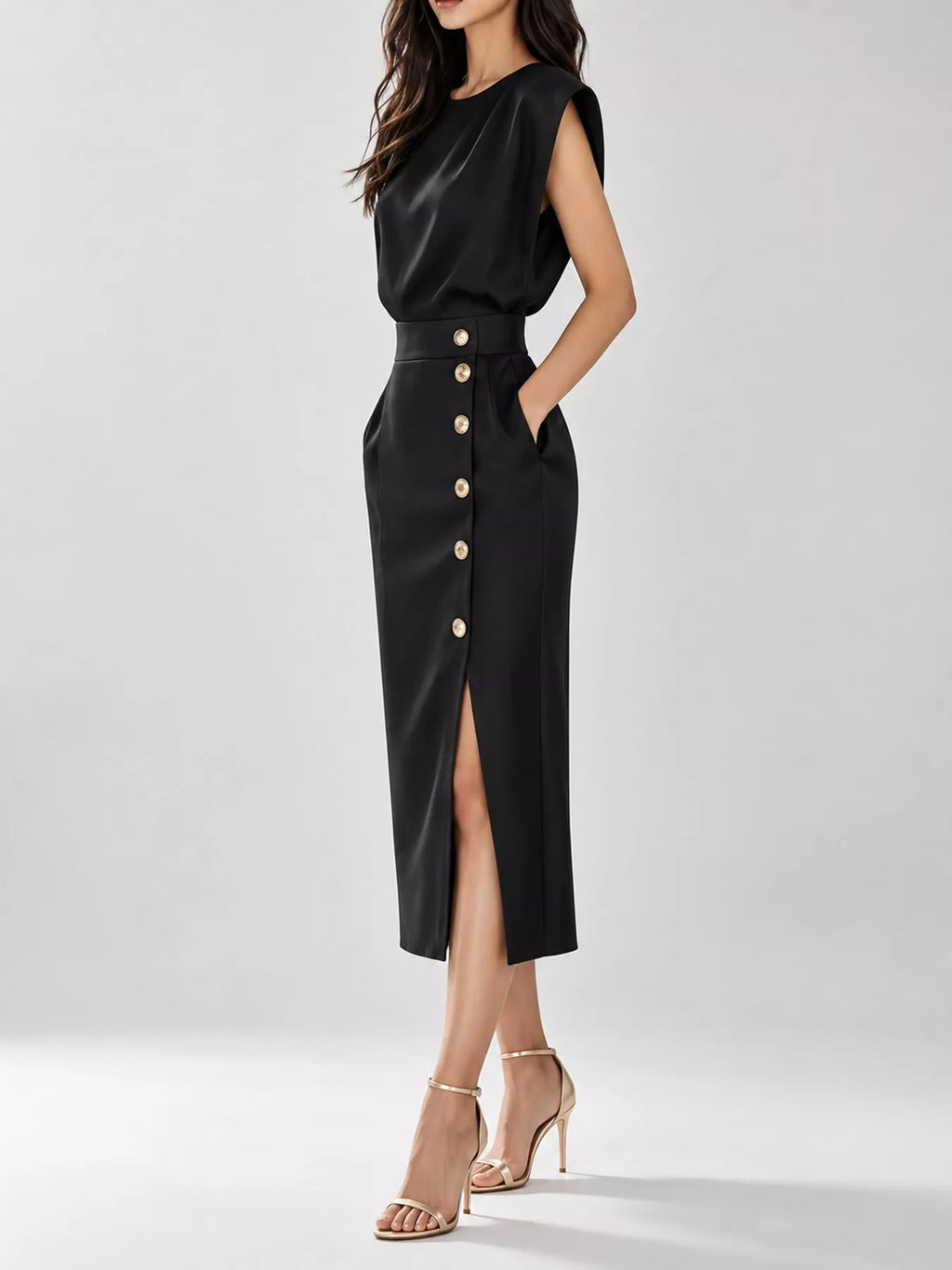 Sleeveless Gold-Tone Button-Detail Midi Dress