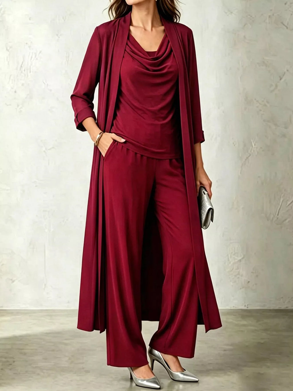 Cowl-Neck Top, Cardigan & Wide-Leg Pants Three-Piece Set