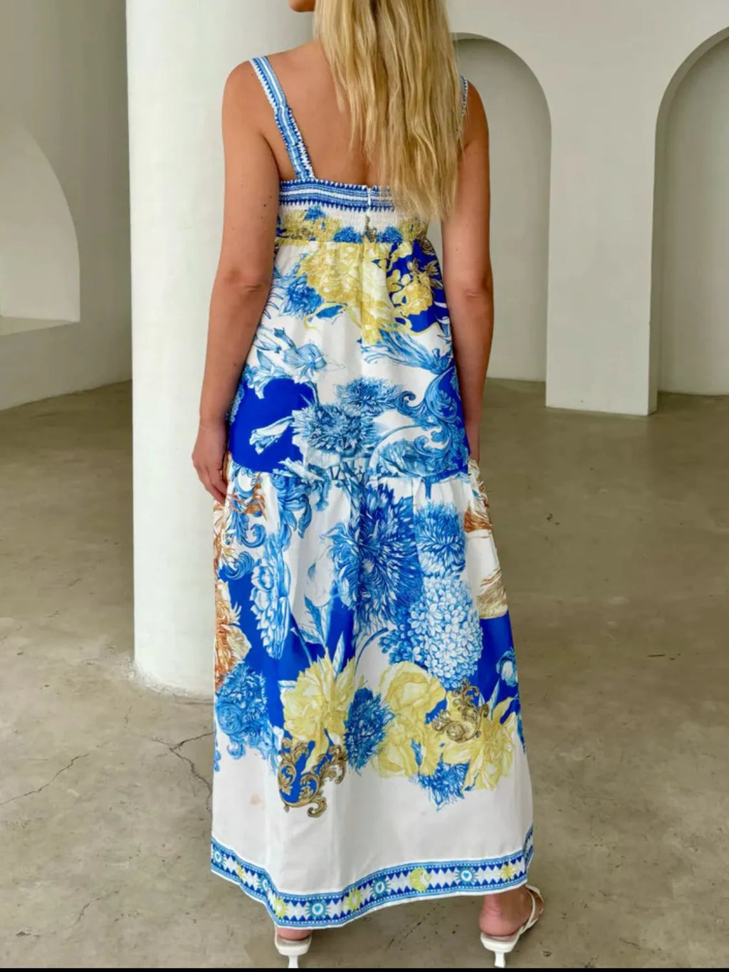 Blue Printed Sleeveless Cami Maxi Dress with Pockets
