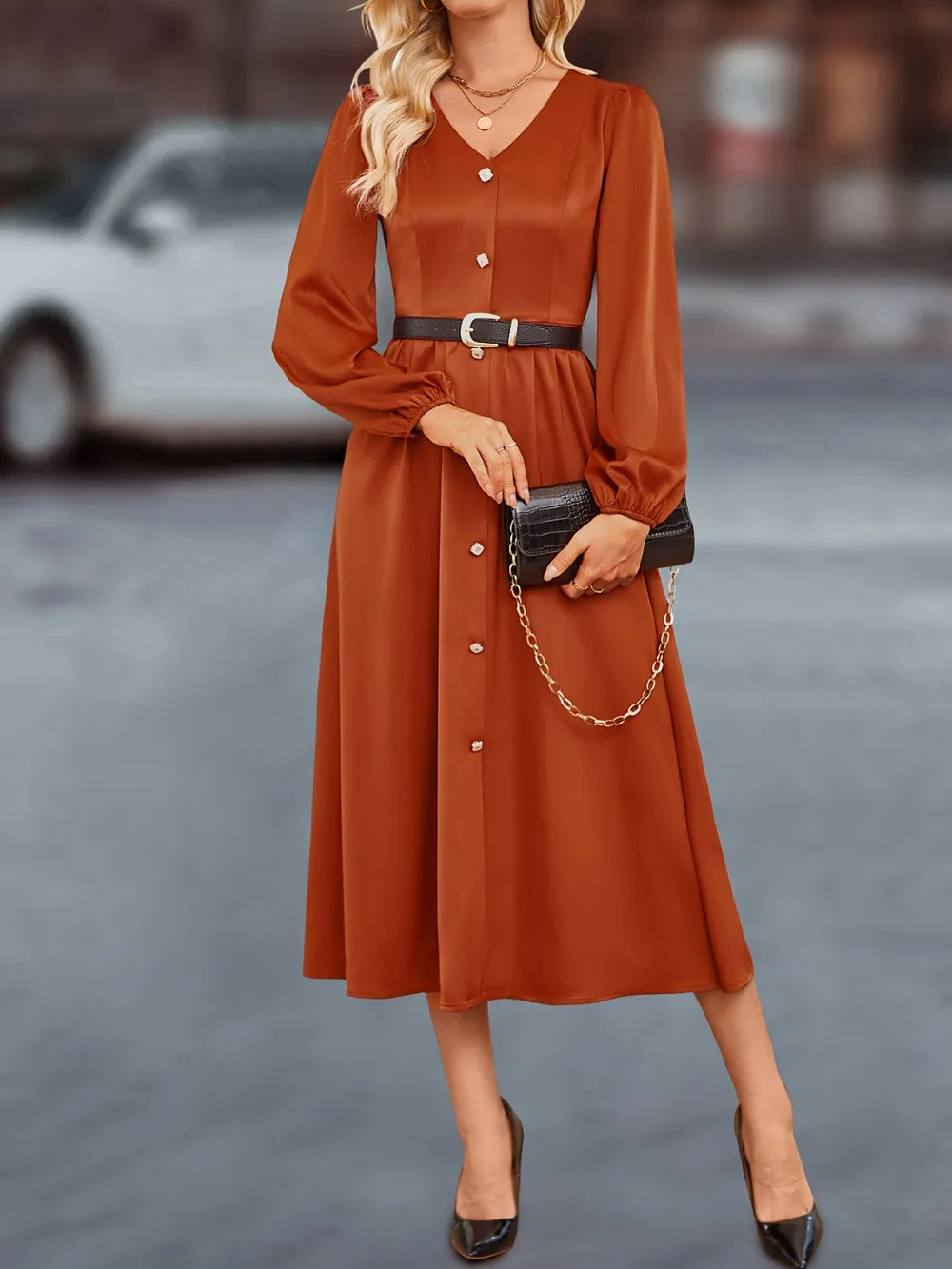 Terracotta V-Neck Balloon-Sleeve Midi Dress