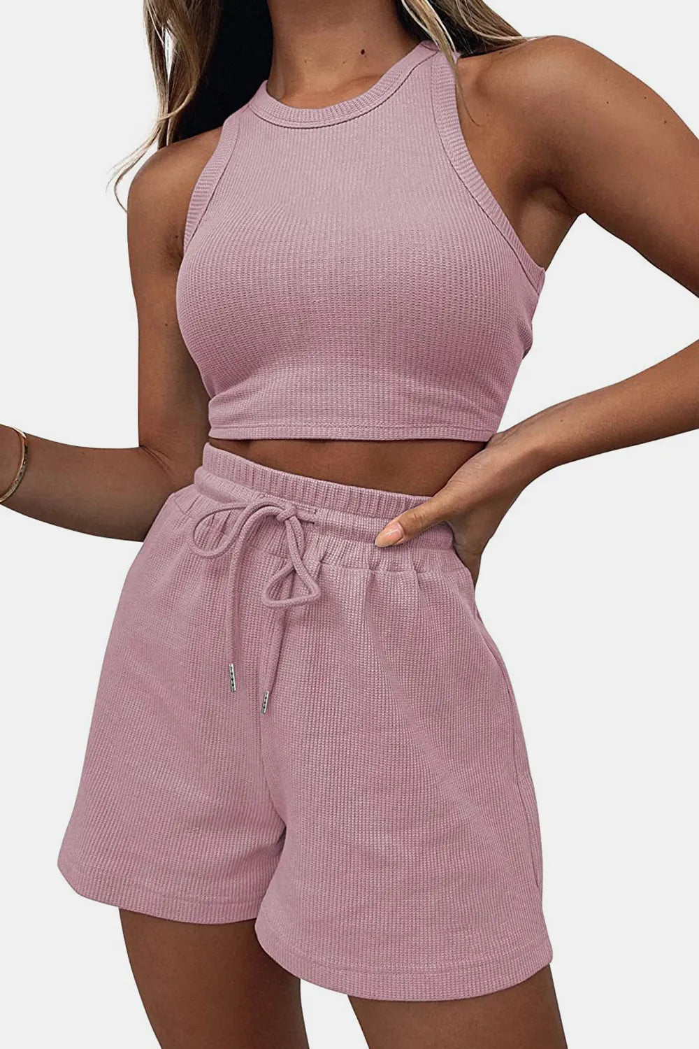 Round-Neck Crop Top & Drawstring Shorts Set