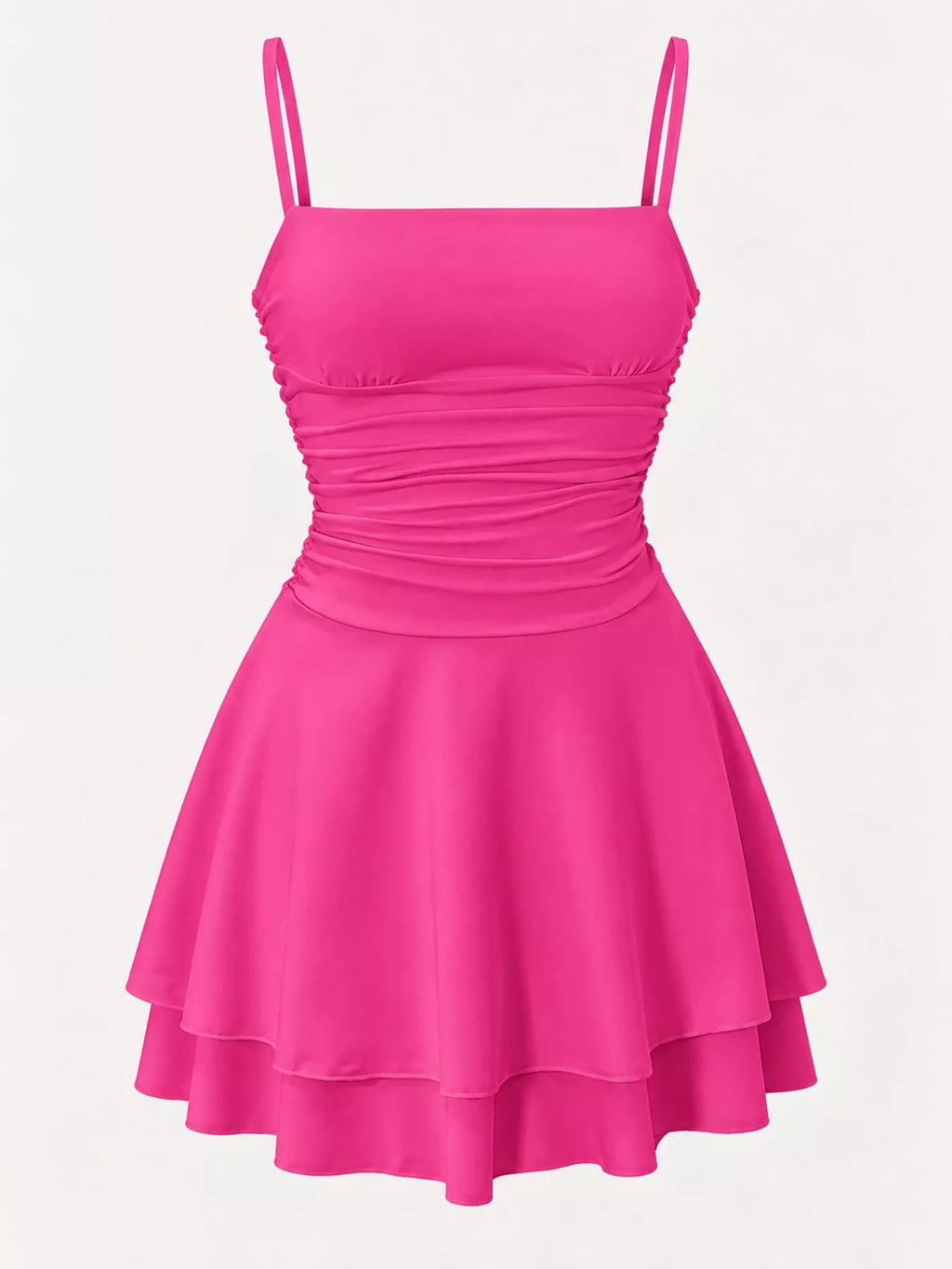 Ruched Spaghetti-Strap Layered Mini Dress