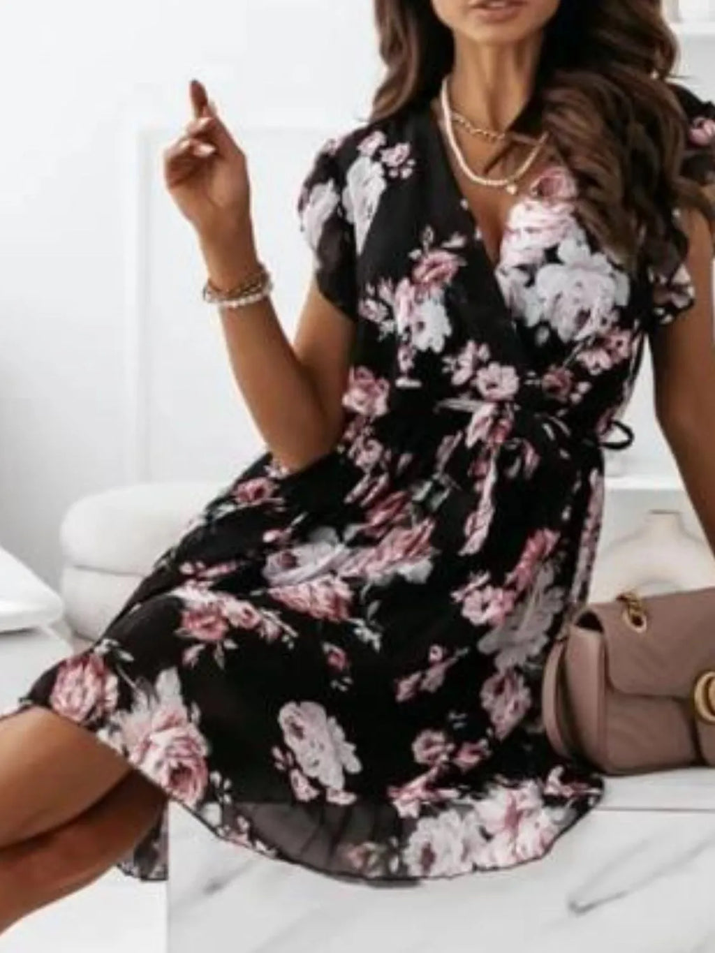 Floral Surplice Tie-Waist Ruffle-Cap-Sleeve Dress