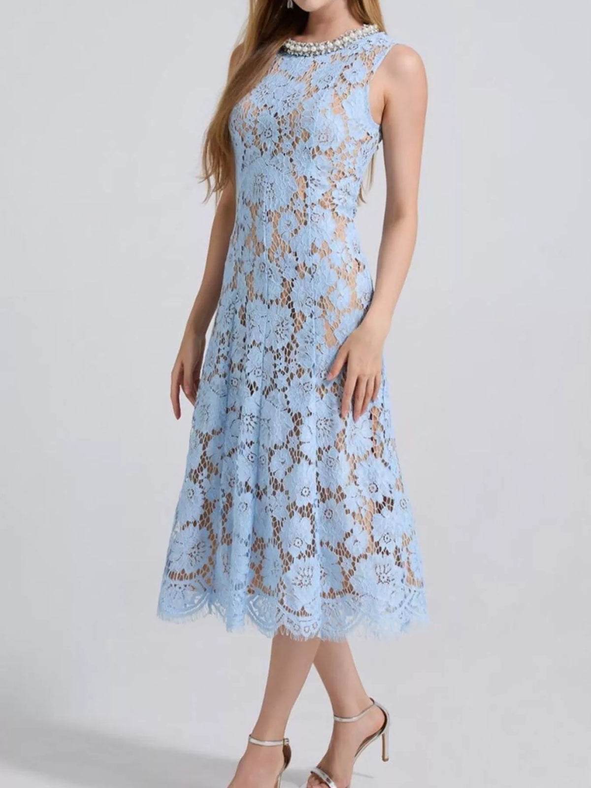 Pearl-Look Neckline Sleeveless Lace Dress