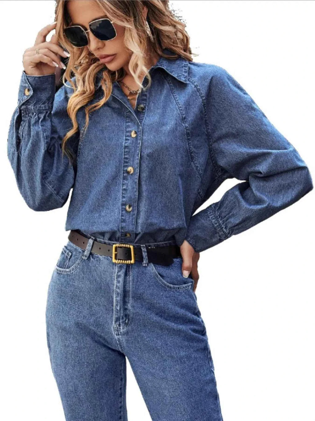 Blue Long-Sleeve Button-Up Denim Shirt
