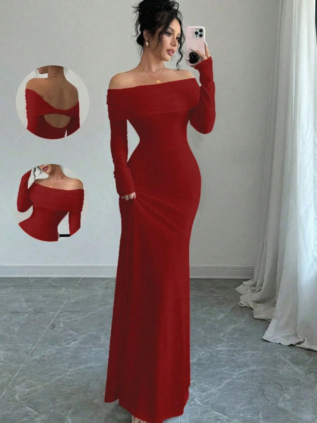Off-Shoulder Twist-Back Long-Sleeve Bodycon Maxi Dress