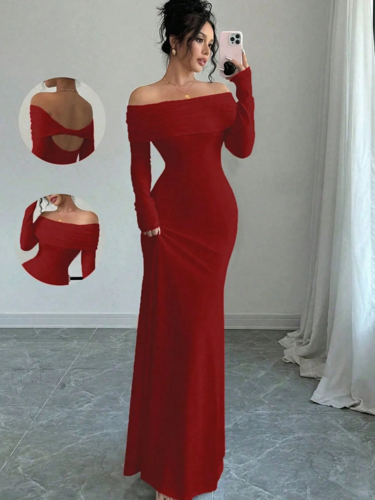 Off-Shoulder Twist-Back Long-Sleeve Bodycon Maxi Dress