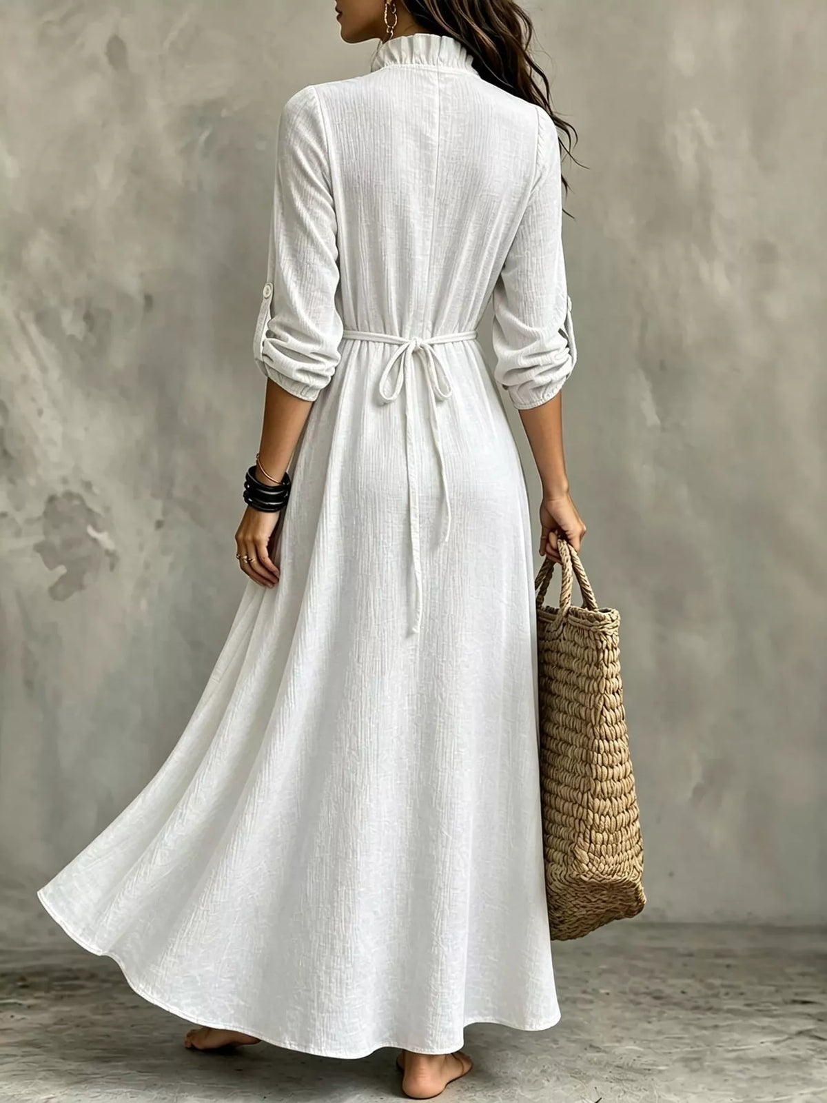 Frill V-Neck Roll-Tab Sleeve Maxi Dress, XS–3XL