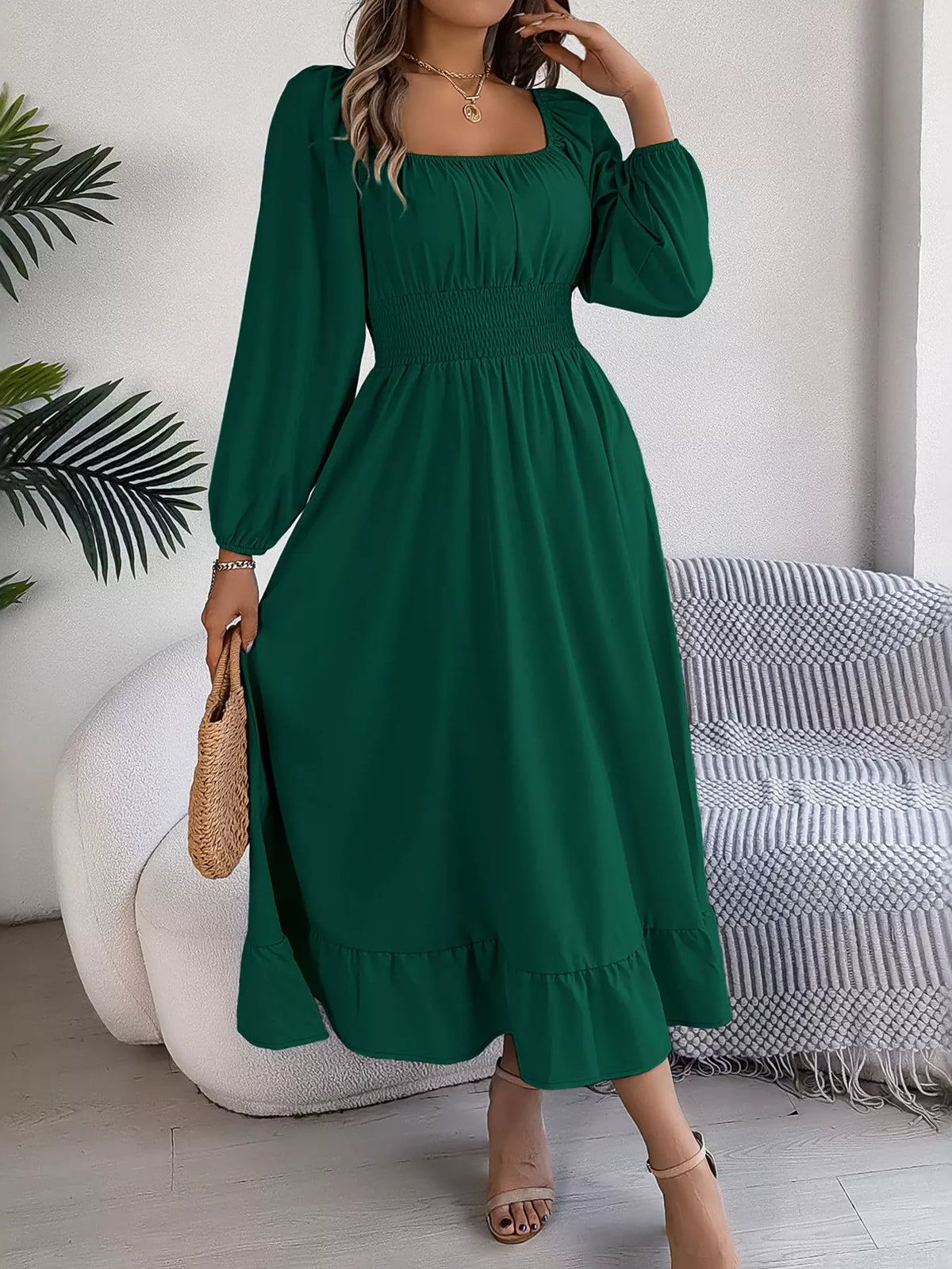 Square-Neck Smocked-Waist Long-Sleeve Midi Dress