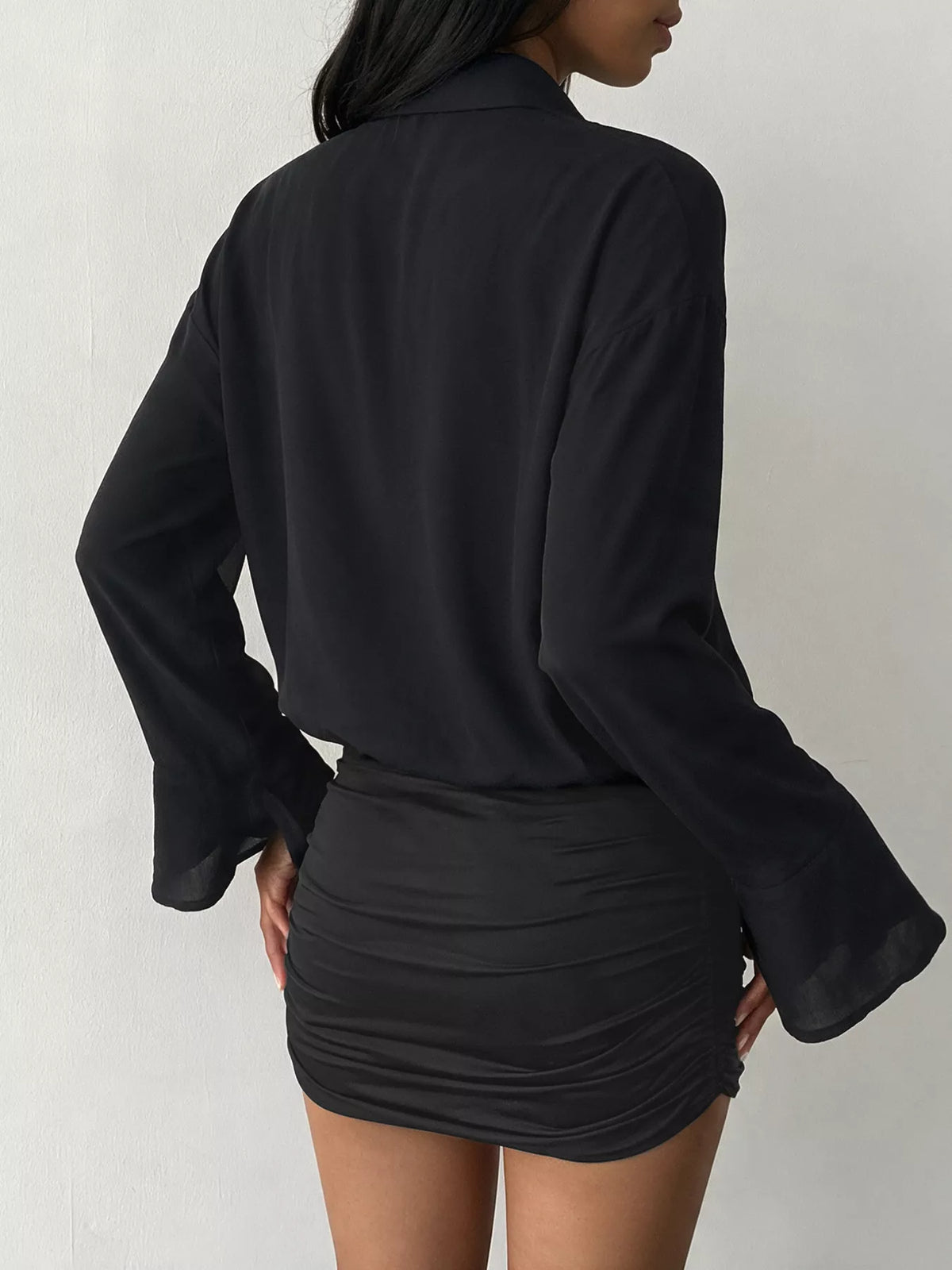 Black Button-Front Flounce-Sleeve Ruched Mini Dress