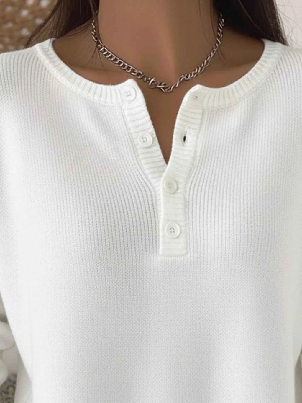 Half-Button Long-Sleeve Knit Top
