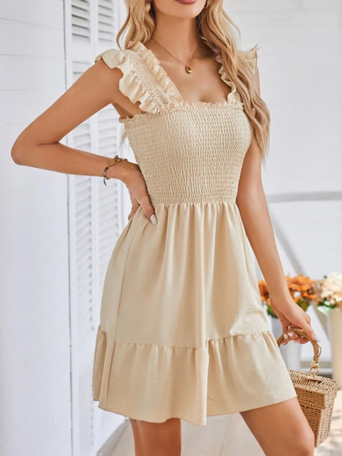 Smocked Square-Neck Ruffle-Strap Mini Dress