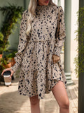 Perfee Printed Frill Mock-Neck Long-Sleeve Mini Dress