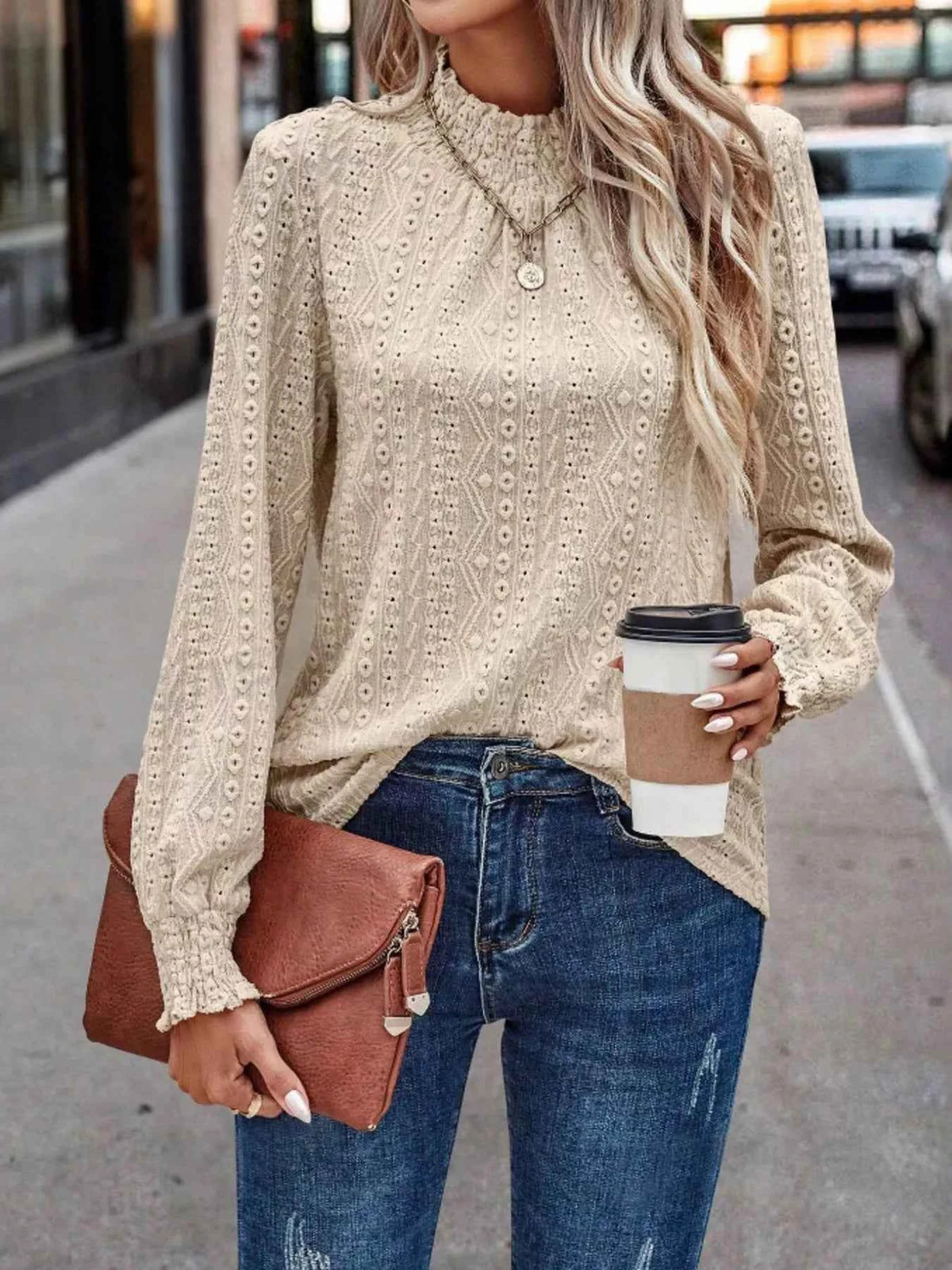 Textured Mock-Neck Eyelet Blouse