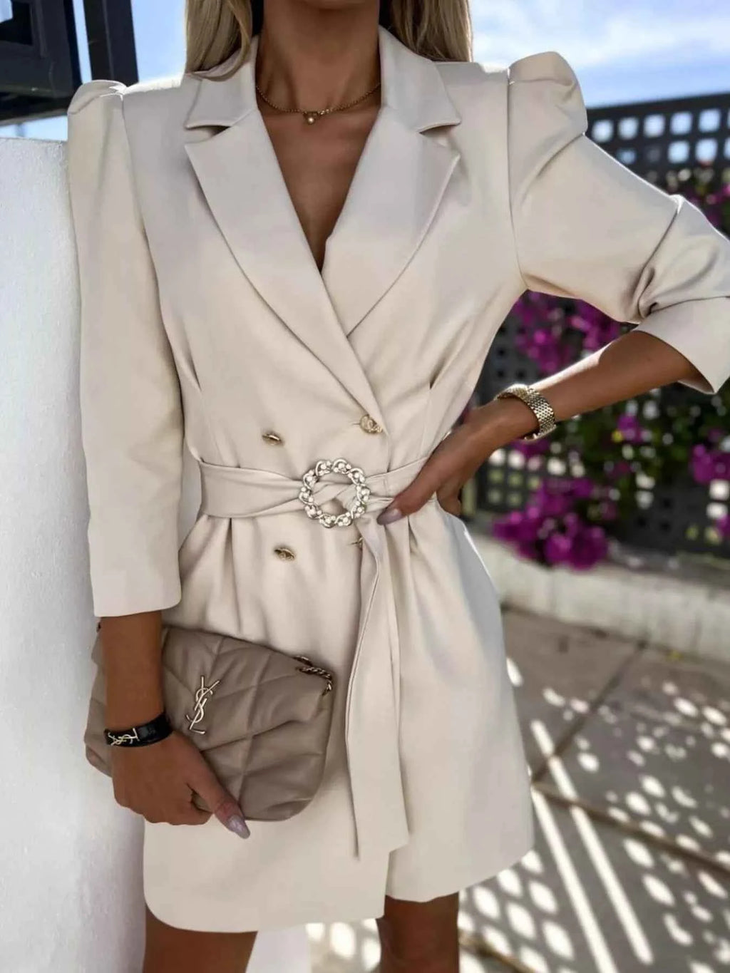 Three-Quarter-Sleeve Belted Blazer Dress