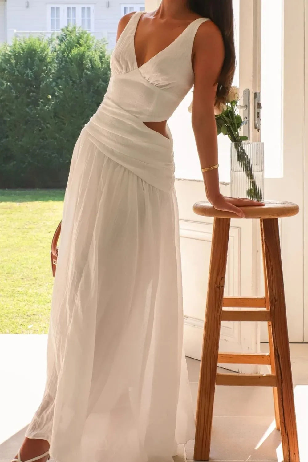 V-Neck Side-Cutout Ruched Maxi Dress