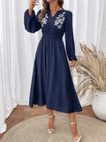 Navy Embroidered Notched-Neck Long-Sleeve Midi Dress