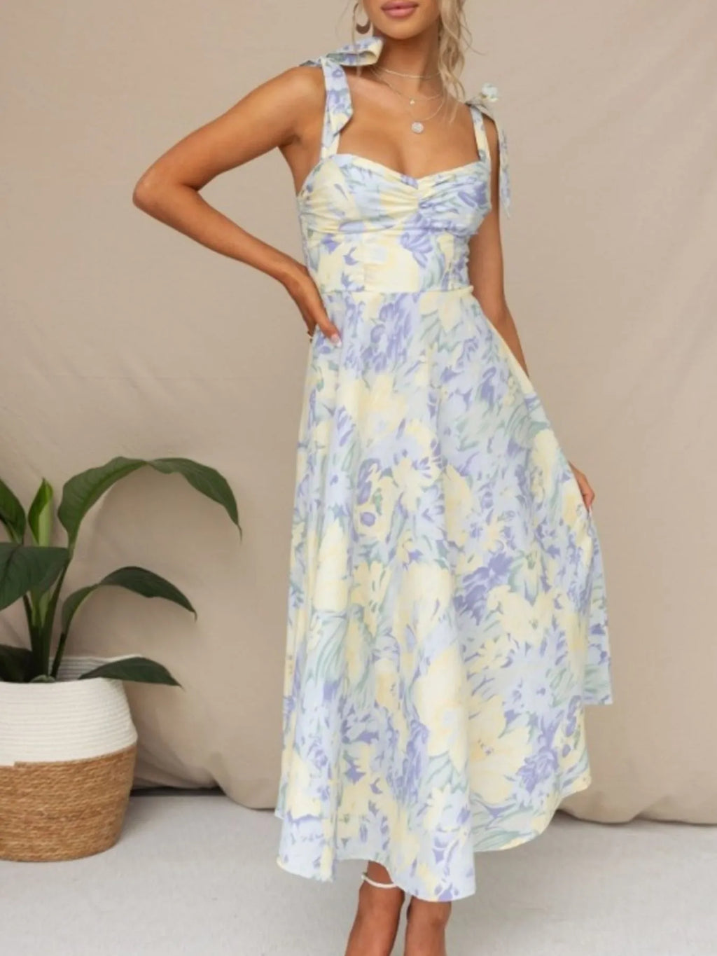 Floral Tie-Shoulder Sweetheart Dress