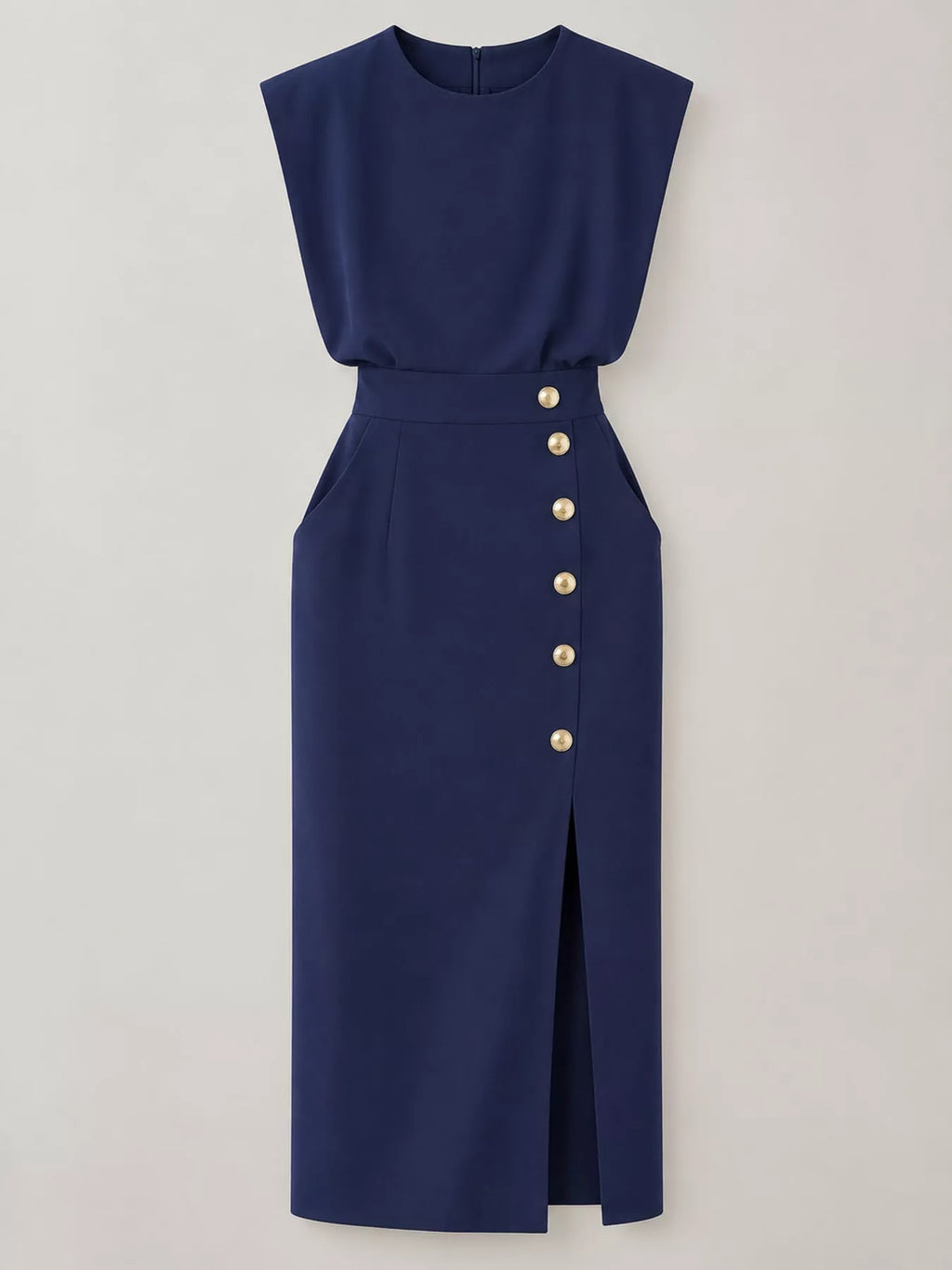 Sleeveless Gold-Tone Button-Detail Midi Dress
