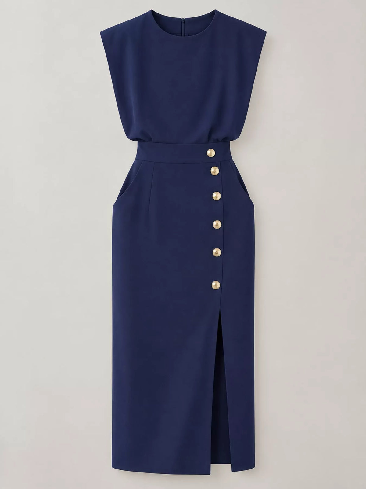 Sleeveless Gold-Tone Button-Detail Midi Dress