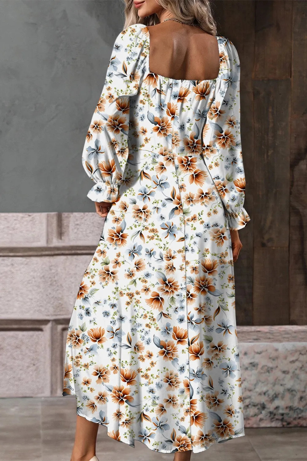 Floral Square-Neck Flounce-Sleeve Slit Midi Dress
