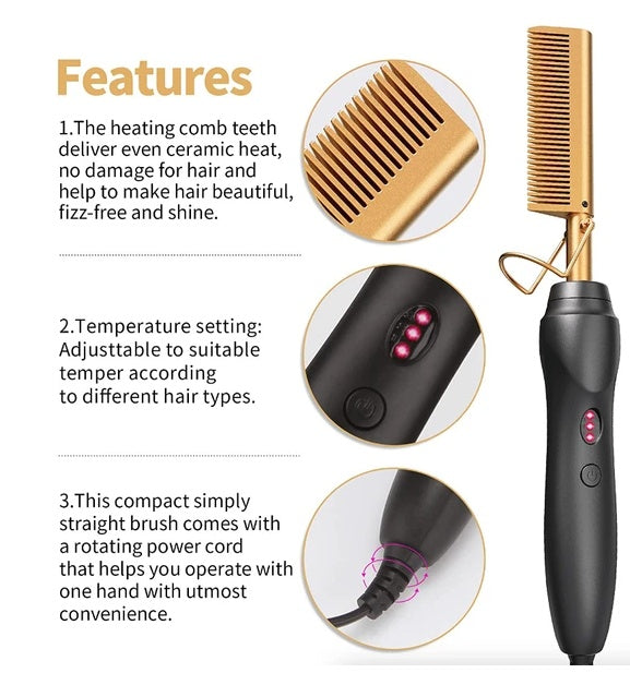 Pro Electric Hair & Beard Straightening Comb | Heat Styling Hot Comb Press | Men & Women | Black Gold — Prime Trend Market