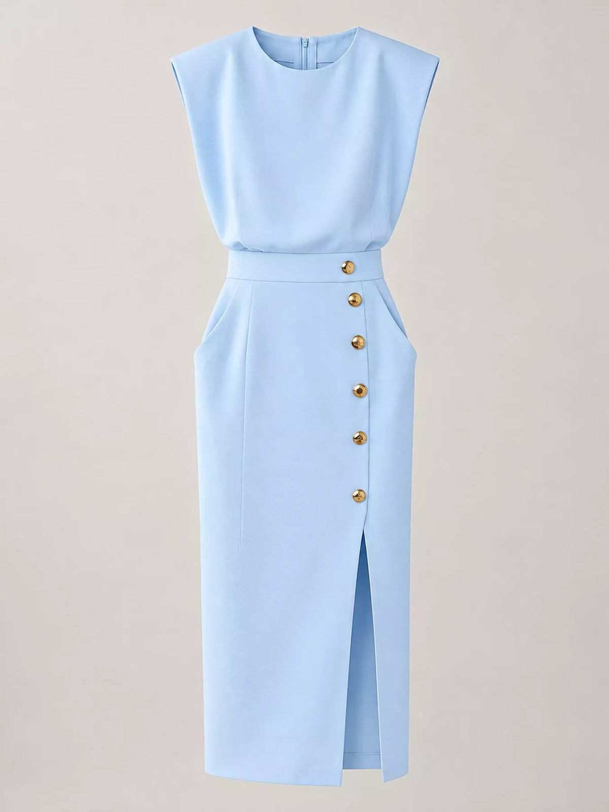 Sleeveless Gold-Tone Button-Detail Midi Dress